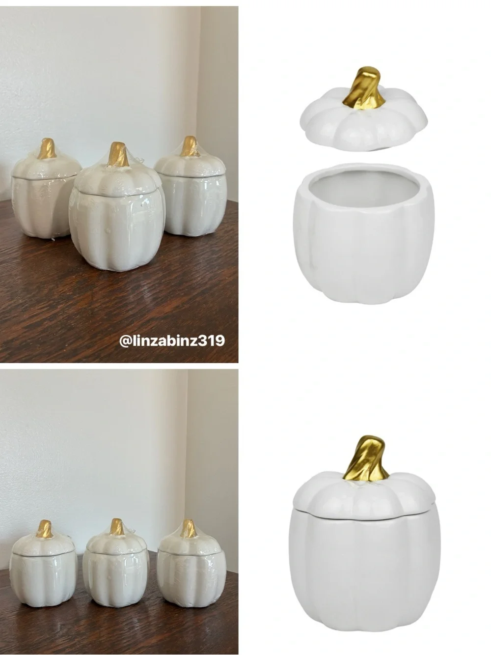 NWT- Set of 3- White Ceramic Pumpkin Jars with Lid & Gold Stems